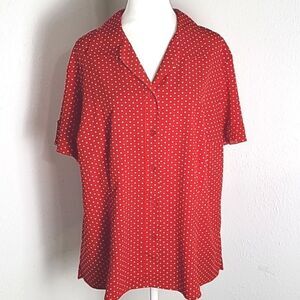 Kim Rogers Signature Red & White Polka-dot Buttondown Blouse, Size 1X